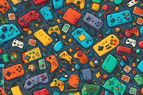 A colorful and vibrant image of various video game controllers and accessories