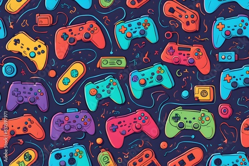 A colorful pattern of video game controllers is displayed on a dark background