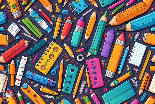 A colorful drawing of various school supplies, including pencils, pens, rulers