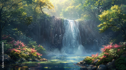 nature waterfall art, a stunning summer landscape oil painting of a forest waterfall, artistically hand-drawn and captivating in its beauty