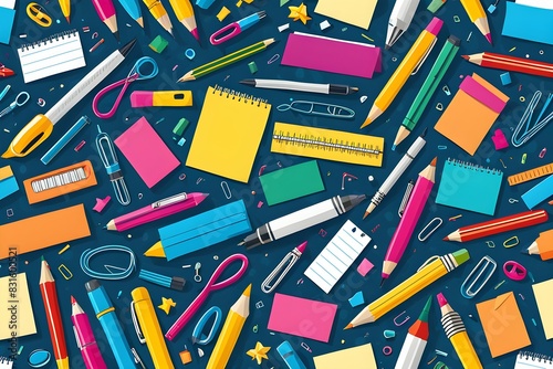 A colorful array of school supplies including pens, pencils, and notebooks