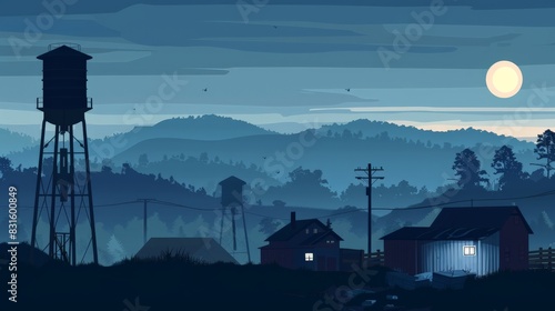 Visual of a water tower in a small town at dusk flat design side view community reservoir theme cartoon drawing Monochromatic Color Scheme