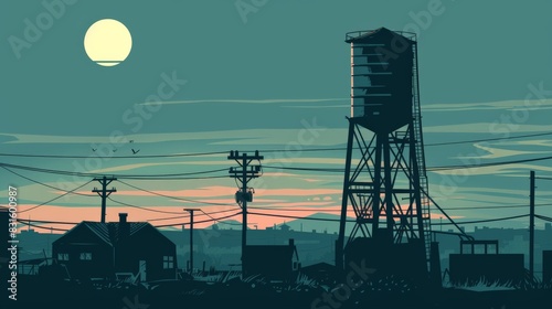 Visual of a water tower in a small town at dusk flat design side view community reservoir theme cartoon drawing Monochromatic Color Scheme