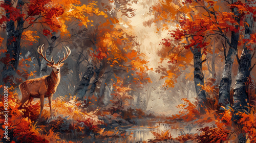 nature illustration, a beautiful deer elegantly moving through the autumn woods in a stunning hand-drawn oil painting artwork