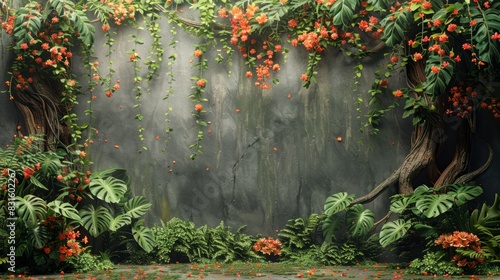 A vibrant jungle scene with a massive ancient tree, dangling vines, and diverse tropical flowers, all isolated on a transparent background.