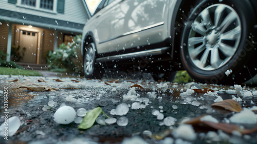 A white luxury SUV is pelted, dented with hail in the driveway of a suburban home as it is parked. A hailstorm, low angle, hail stones on the ground, hail damaged house and car, weather