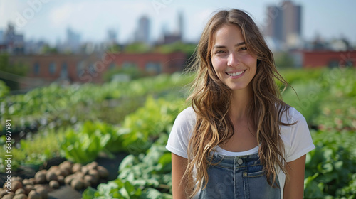 smiling young caucasian woman at a community urban garden in the rooftop of a building, local self-sufficient food production