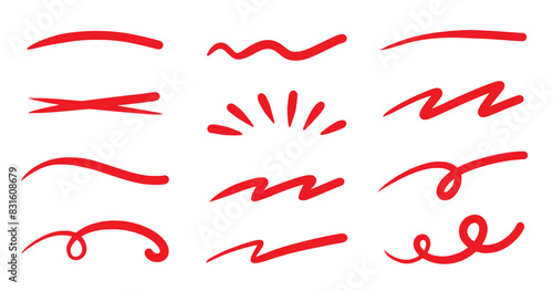 Red squiggle brush scribble underline. Marker pen emphasis highlight red swoosh stroke. Vector swoosh brush underline set for accent, marker emphasis squiggle element. Vector illustration