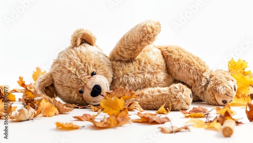 Animated sloth plushie slowly moving its limbs, simulated leaves, isolated on white