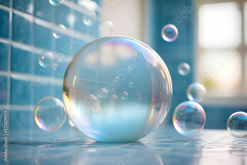 Soap bubbles bokeh blue bathroom background