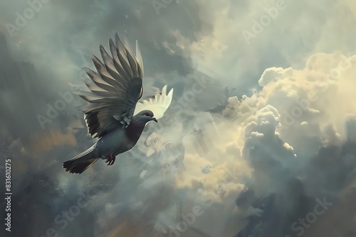 Ancient messenger pigeon soaring through a cloudy sky.