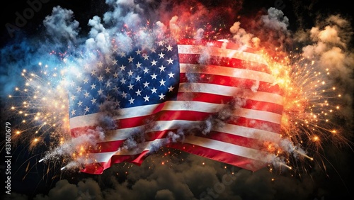 Explosive fireworks creating AI-generated American flag colors in a smoke explosion