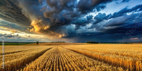 Half-mowed grain field under a stormy sky