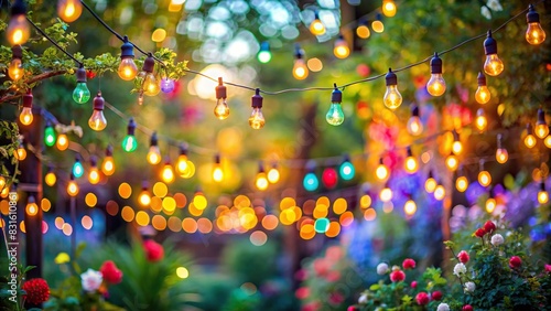 Blurred garden background with colorful fairy lights in summer