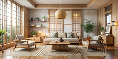 Japandi style interior living room with neutral colors, wooden furniture, and minimalist decor