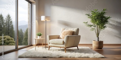 Minimalist and cozy rendering of a relaxed space with beige sheepskin club armchair