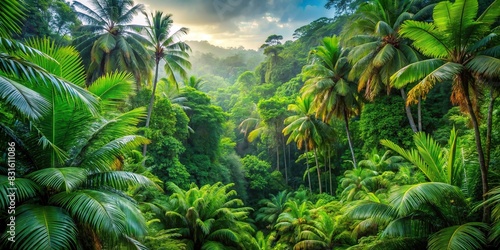 Lush tropical jungle with vibrant green vegetation, trees, and foliage