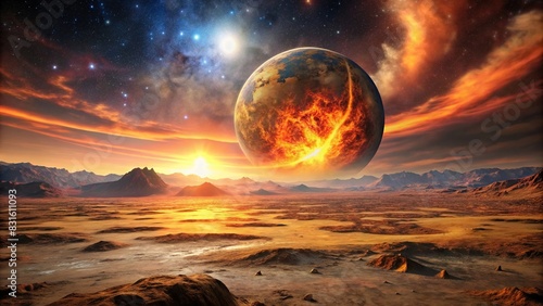 A barren landscape with a disappearing fiery planet in the sky