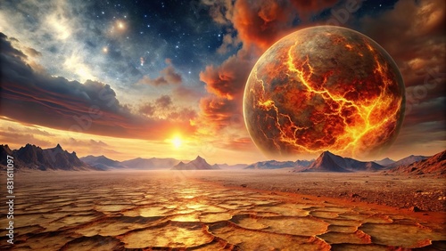 A barren landscape with a disappearing fiery planet in the sky
