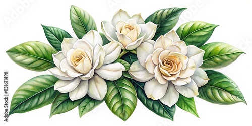 Watercolor of beautiful gardenia flowers in a clip art format