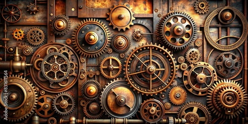 Steampunk industrial background with vintage machinery, gears, and clockwork