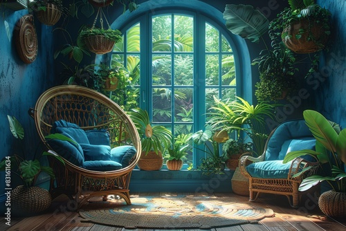 Cozy reading nook with rattan chair and blue walls, lush greenery, and natural light creating a tranquil and inviting space