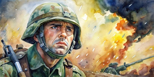 Soldier in distressing flashback from shelling, portrayed in vivid watercolor