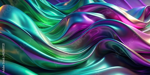 Holographic purple green matte fluid iridescent wave cloth in motion background