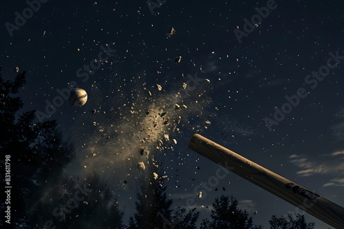 Baseball bat shattering into pieces after a powerful hit, the ball disappearing into the night sky.