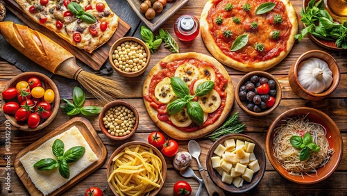 Traditional Italian cooking concept with a variety of classic dishes such as pasta, pizza, and antipasto