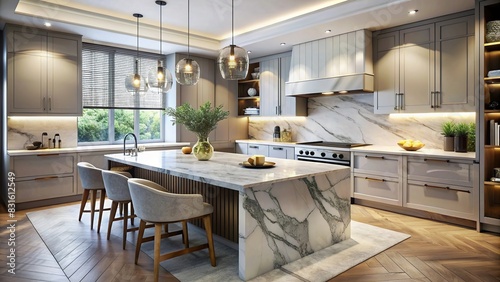 Luxurious marble table in a kitchen setting with copy space for product display