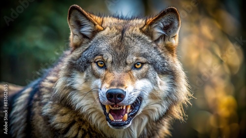Angry wolf portrait in natural setting