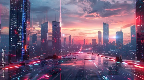 Futuristic cityscape at dusk with glowing platform, urban skyline bathed in neon lights