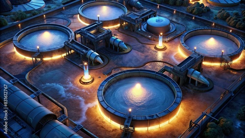 Aerial view of wastewater treatment plant with circular settling tanks and central pipework glowing