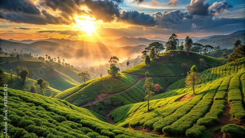 Morning light bathing Ceylon tea plantations on mountain slopes in Sri Lanka