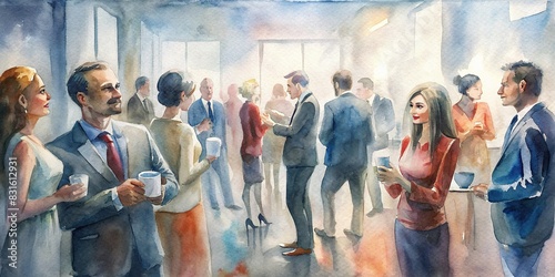 Informal networking at a business event captured with attendees mingling during a coffee break