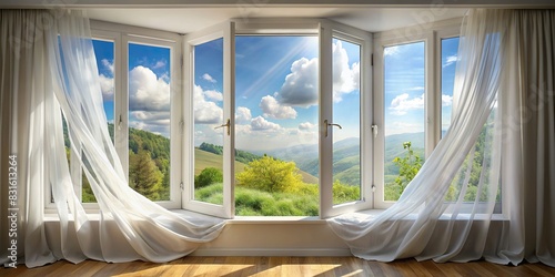 Fresh air filling a room through open windows, curtains lifting in the wind