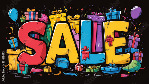 A vivid illustration of the word "SALE" adorned with various colorful gifts