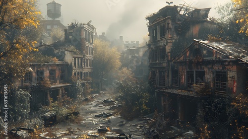 A 3D rendering of a post-apocalyptic cityscape, with ruined buildings, overgrown vegetation, and a desolate atmosphere. The scene is lit by a dim, overcast sky