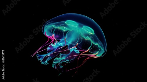 Luminescent jellyfish flat design side view, magical realism, water color, triadic color scheme 