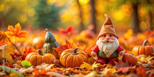 Whimsical gnome surrounded by autumn foliage and pumpkins
