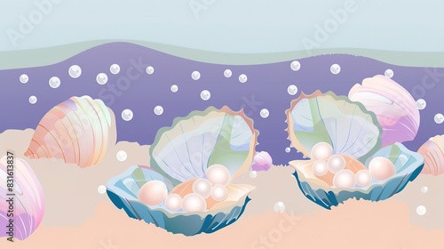 Magical pearls in clams flat design front view, magical realism, cartoon drawing, split-complementary color scheme 