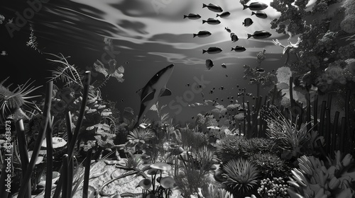 Surreal underwater garden flat design front view, magical realism, 3D render, black and white