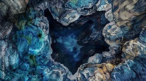 Dreamlike sea cave flat design top view, magical realism, water color, tetradic color scheme 