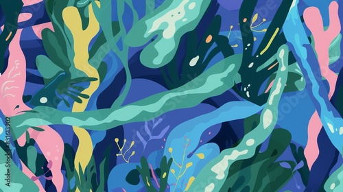 Ethereal seaweed flat design top view, magical realism, animation, complementary color scheme 