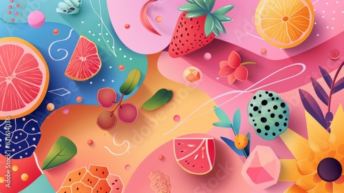 Colorful pattern of fruits and sugar substitutes on a vibrant background. Including strawberries, citrus slices, and tropical elements