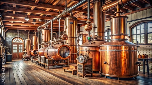 Vintage antique gin distillery with wooden and copper barrels