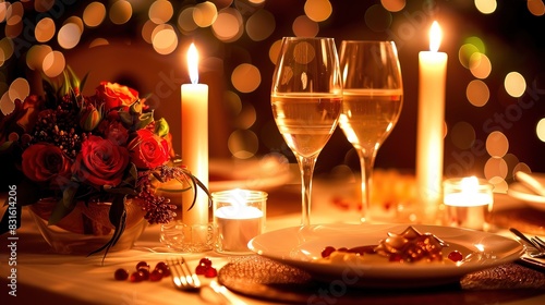 Romantic Candlelit Dinner with Roses, Elegant Table Setting for a Special Occasion, Warm Ambient Lighting, and Wine Glasses