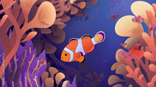 Clownfish among coral flat design top view, tropical paradise, animation, complementary color scheme 
