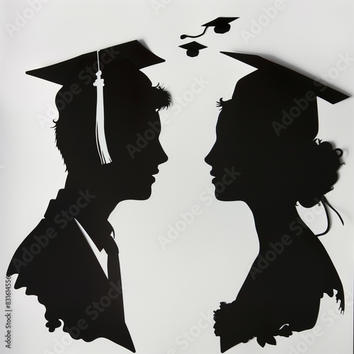 Gaduates Silhouettes with Diploma Hats Tossed in Air Black and White Man and Woman Female Male